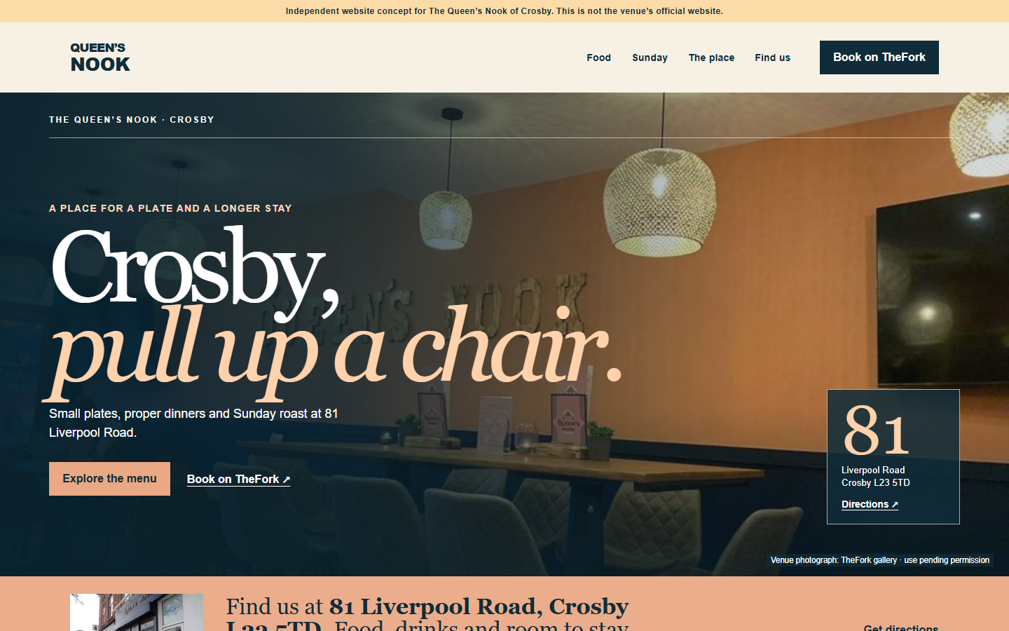 First screen of The Queen’s Nook website direction A